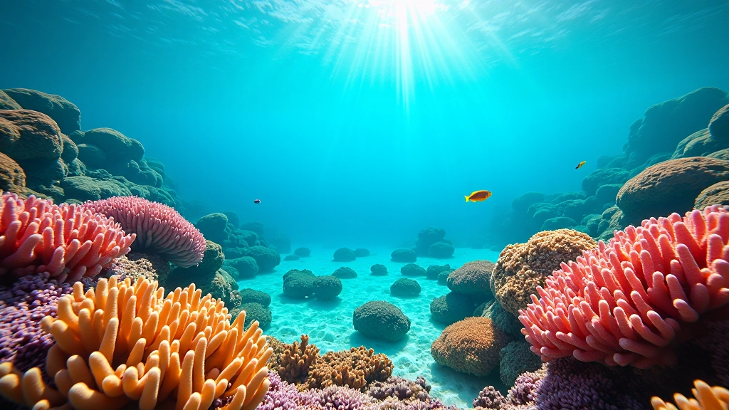 Arrecife de coral vibrante con peces tropicales de colores nadando en agua clara dentro de una poza de marea